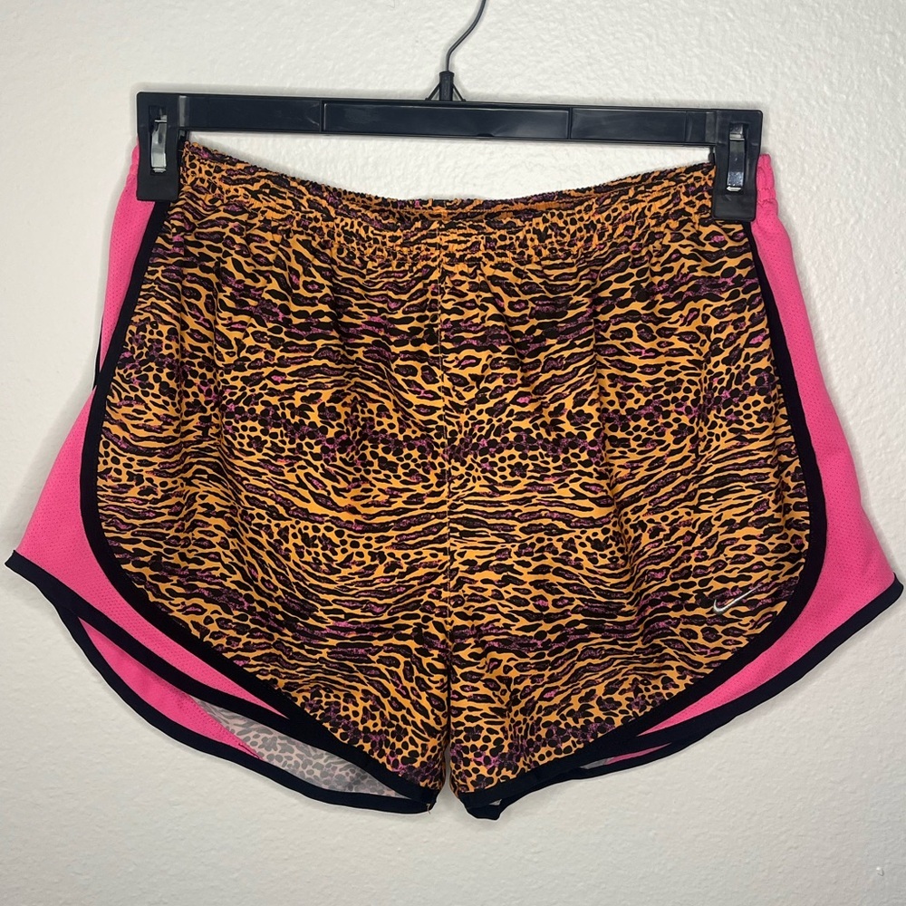 Nike Women’s Brown and Pink Athletic Shorts with Animal Print